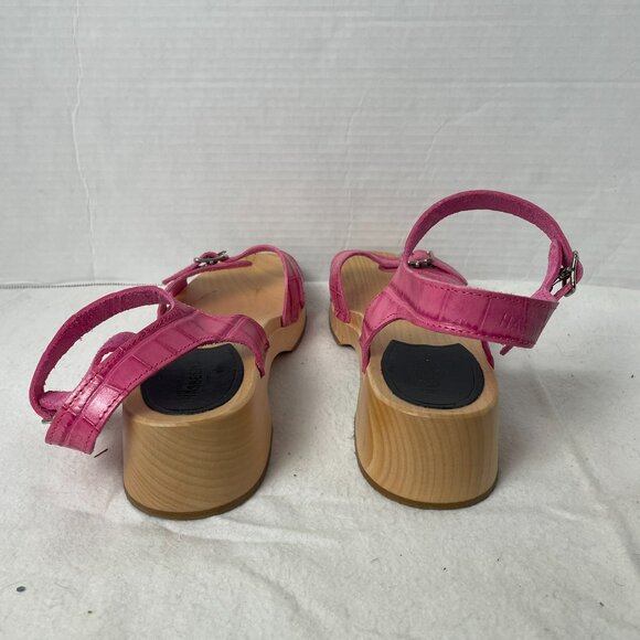 Swedish Hasbeens Embossed Pink Clog Sandal Low Heel Adj Ankle Strap - Picture 5 of 9